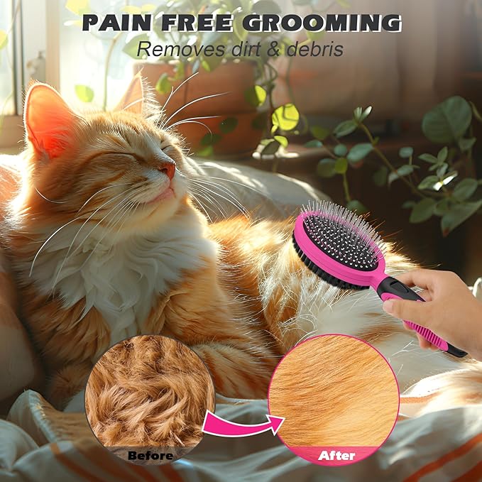 2PCS Pet Grooming Tools - Double-Sided Brush for Shedding and Bathing, Suitable for Short/Long Haired Dogs Cats and Horses, Deshedding Dog Brush, Mane & Tail Combs for Horses - Pet Supplies (Pink)