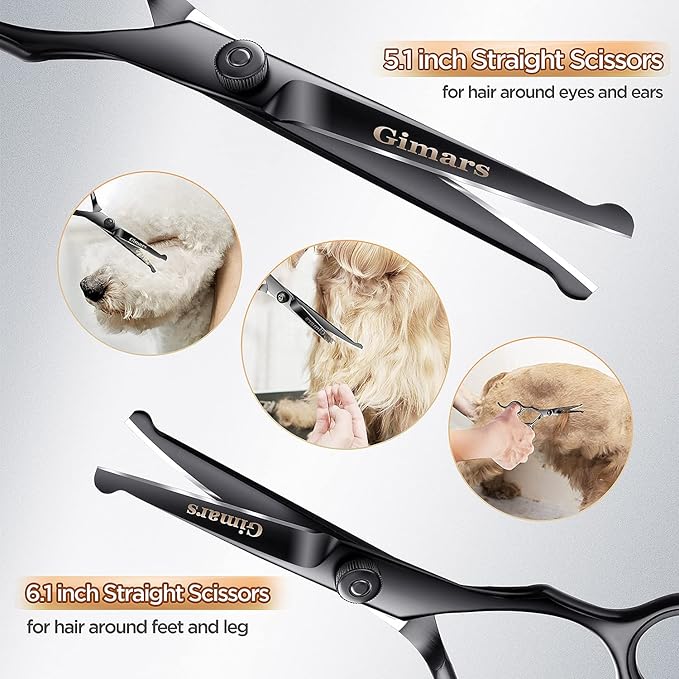 Gimars 7inch Professional 4CR Stainless Steel 6 in 1 Grooming Scissors for Dogs with Safety Round Tip, Heavy Duty Titanium Coated Pet Grooming Scissor for Dogs, Cats and Other Animals
