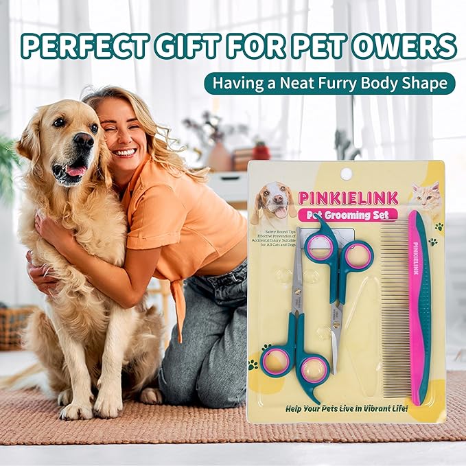 Pet Grooming Scissors Kit, Dog Grooming Shears with Stainless Steel Rounded Tip Blades for Safe Fur Trimming for Dog, Cat, Includes Pet Comb (Set of 3)