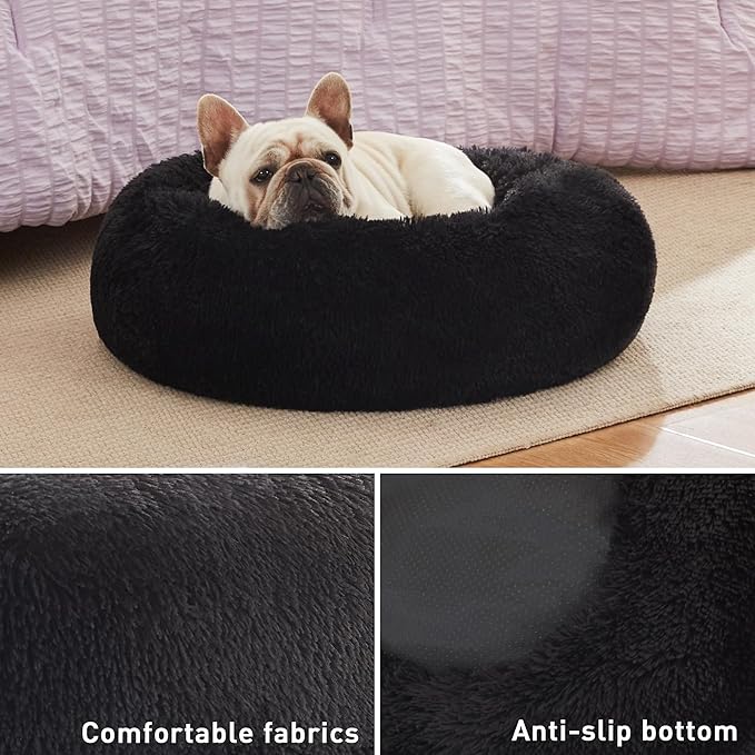 Love's cabin Calming Cat Bed for Indoor Cats,Anti-Anxiety Donut Round Dog Bed,Fluffy Faux Fur Washable Pet Bed for Small Medium Dogs and Cats,Black,24in
