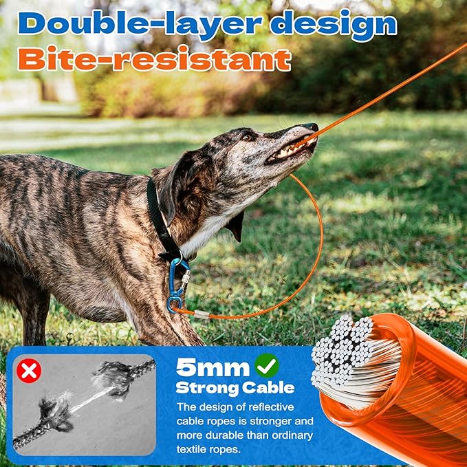 100ft Dog Runner for Yard Large Dog Heavy Duty with Double Shock Absorbers Tangle-Free Aerial Trolley System for Large Dogs Up to 250lbs (Orange)