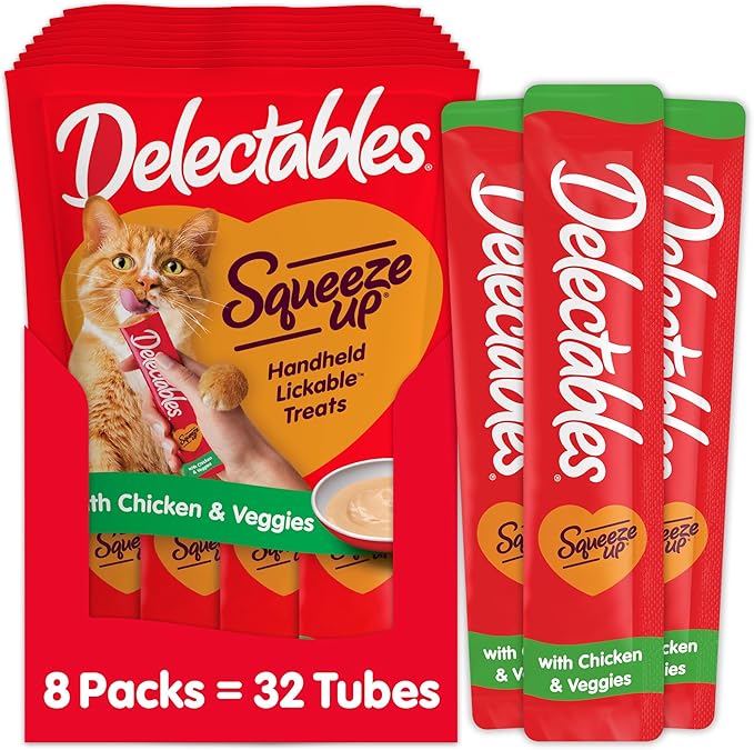 Hartz Delectables Squeeze Up Interactive Lickable Wet Cat Treats for Adult & Senior Cats, Chicken & Veggies, 4 Count (Pack of 8)