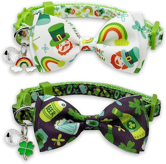 2 Pack St. Patrick Day Cat Collar with Bow Tie,Holiday Kitty Kitten Collar with Bell for Male Female Boys and Girls (I'm Irish)