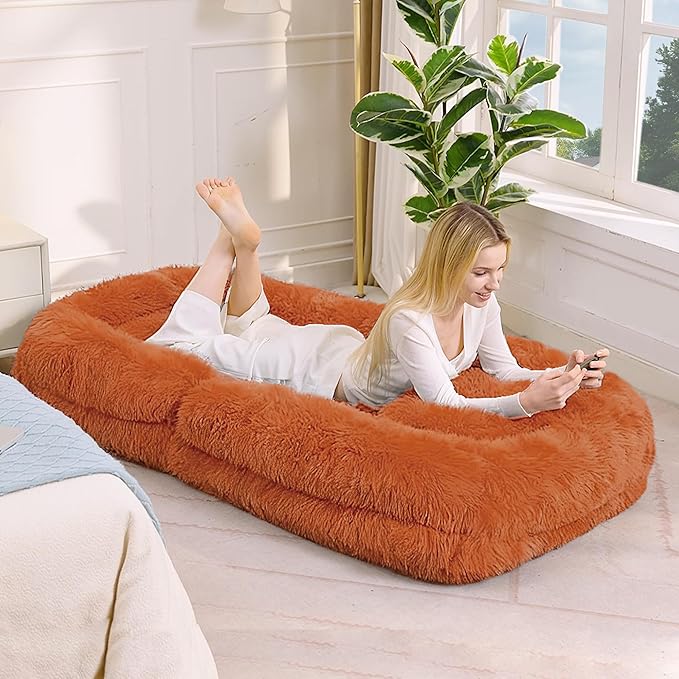 Orange Foldable Human Dog Bed - 69"x35"x12" Fits You & Pets with Comfy Pillow, Washable Faux Fur, Oversized Lounger Lazy Sofa Beds with 5 Adjustable Position