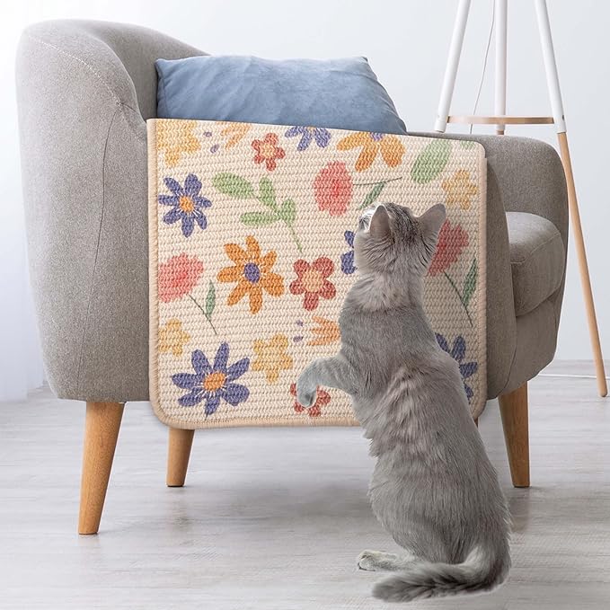SCRATCHABLE Sisal Cat Scratcher, [+ Catnip Fish Toy], Wall Scratcher, Couch Protector, Scratching Mat- 24 X 15.8 With 12 Adhesive Velcro Stripes (Floral)