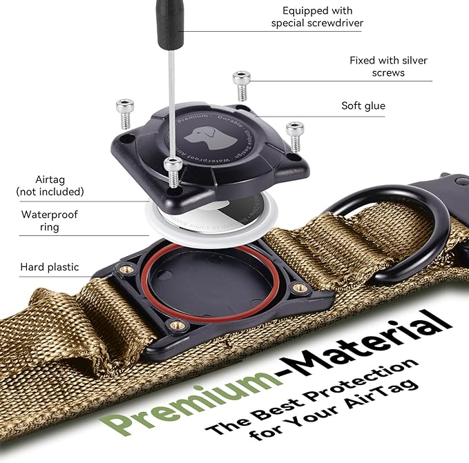 2025 Upgrade Waterproof AirTag Dog Collar, Military Tactical Dog Collar with AirTag Holder, Comfortable Control Handle and Metal Buckle, GPS Dog Collar Holder for Medium to Large Dogs (Khaki,X L)