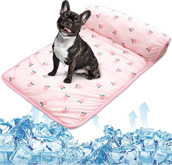 PUMYPOREITY Cooling Dog Bed, Pet Cooling Mat with Pillow, Ice Silk Cooling Dog Blanket, Self Cooling Pad for Cat,Dog, Washable Summer Pet Mat for Kennel, Crates, Sofa, Floor, Pink, S