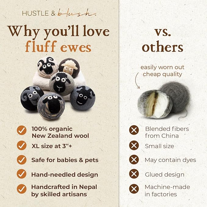 Fluff Ewes Wool Dryer Balls 6 Pack Premium New Zealand Wool Laundry Balls for Dryer, No Static Dryer Balls Laundry Reusable, XL Wool Dryer Balls Cute, Baby Dryer Balls for Dryers - Classic