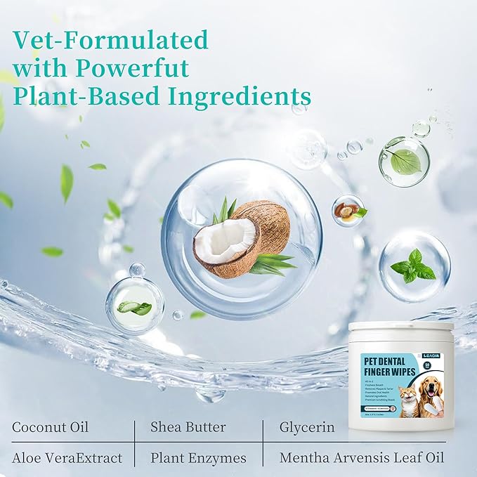 Dog Teeth Cleaning Wipes, Cat & Dog Toothbrush Brushing Kit, Dog Tooth Finger Dental Wipes to Remove Tartar & Plaque, Plant-Based Care Disposable Pet Wipes (50 Count, Uncented)