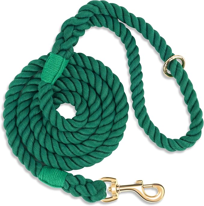 Dog Leash 5 FT Handmade Braided Cotton Rope Leashes for Small Medium and Large Dogs, New Golden Heavy Duty Metal Clasp, Dark Green