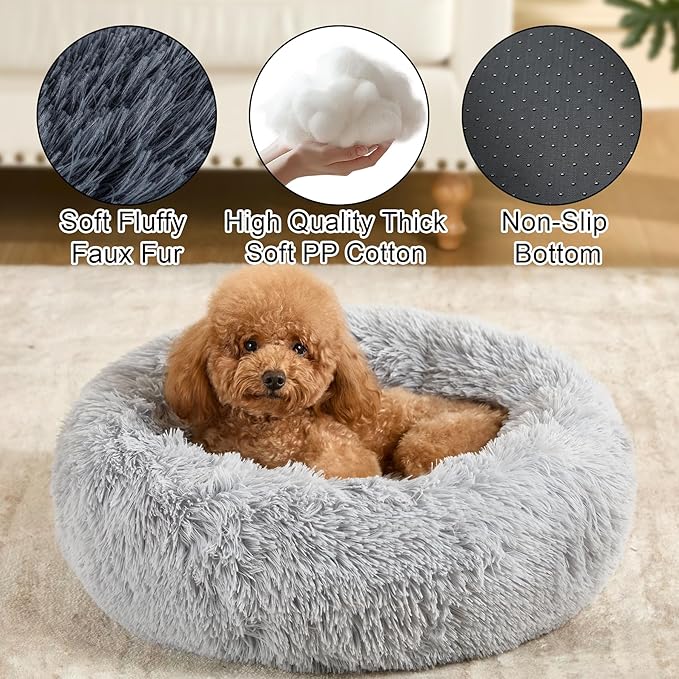 Dog Calming Beds for Small Medium Dogs - Round Donut Washable Dog Bed, Anti-Slip Faux Fur Fluffy Donut Cuddler Anxiety Cat Bed(Light Grey 32")