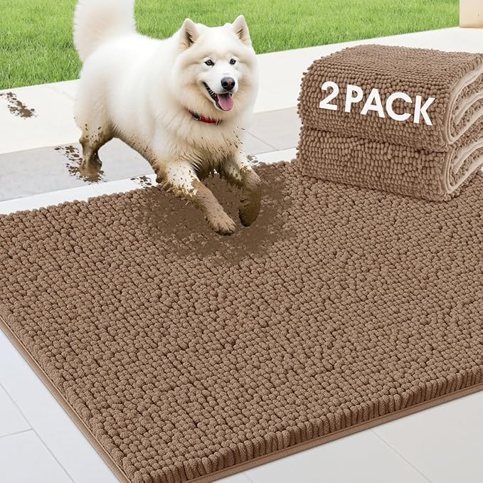 IM HOME 2 Pieces Muddy Door Mats for Dogs, Chenille Absorbent Pet Mats, Quick Dry, Trap Dirt Non Slip Heavy Indoor Doormat Soft Dog Bed Mat Front Inside Door Mat for Indoor Outdoor Entrance,Camel