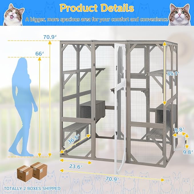 Catio Outdoor Cat Enclosure Cat House, Large Wooden Walk-in Cat Cage Condo Indoor Playpen with Multi Platforms, Flat Roof, and 2 Resting Box (Grey, 70.9" L x 36.5" W x 70.9" H)