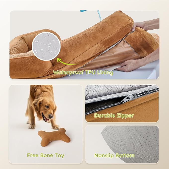 Jumbo Dog Bed for Extra Large Dogs, Orthopedic Dog Bed with Cooling Gel Memory Foam, Waterproof Pet Bed with Removable Washable Cover, 45" Pet Sofa Couch Dutch Velvet with Bone Toy, Brown