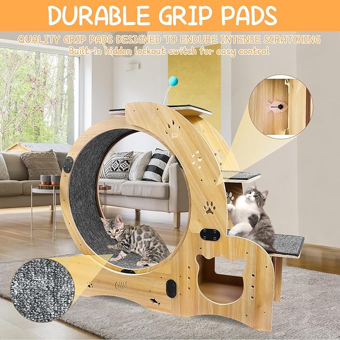 Cat Running Wheel,Cat Treadmill for Indoor Cats,Exercise Wheel Wood Climbing Frame,55''Oversized Roller Indoor Activity Center,Large (6-in-1)