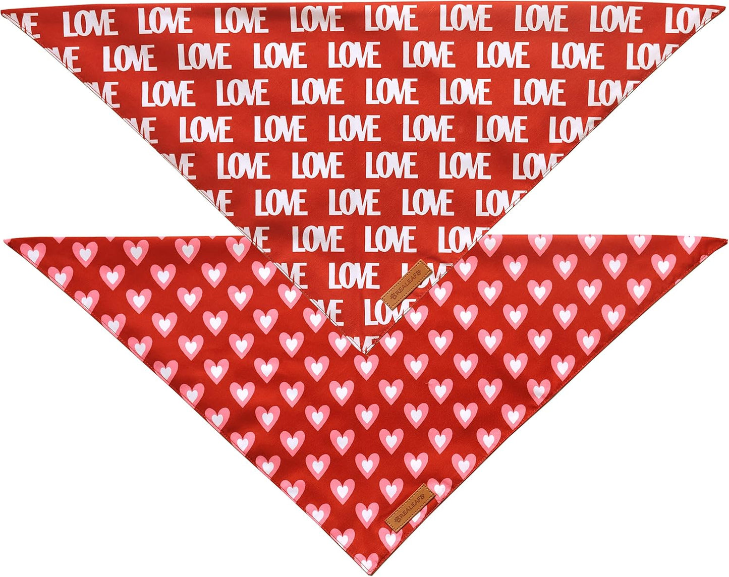 Realeaf Love Dog Bandanas 2 Pack, Triangle Reversible Mothers Day Valentine's Day Pet Scarf for Boy and Girl, Premium Durable Fabric, Holiday Bandana for Medium and Large Dogs (Large)