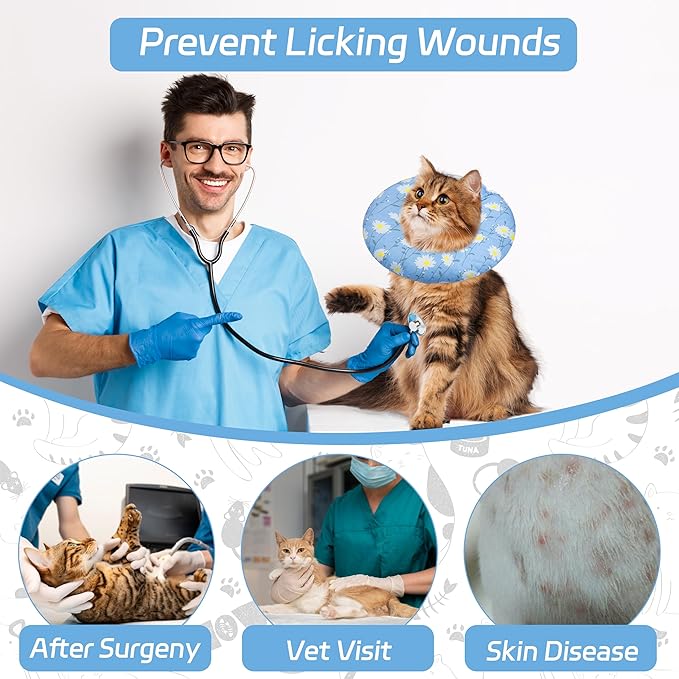 Cat Cone Collar Soft, Adjustable Cat Recovery Collars Kitten Cones to Stop Licking, Cute Donut E Collar After Surgery, Anti-Lick Wound Healing Elizabethan Collar for Kitten(Blue Daisy, Medium)