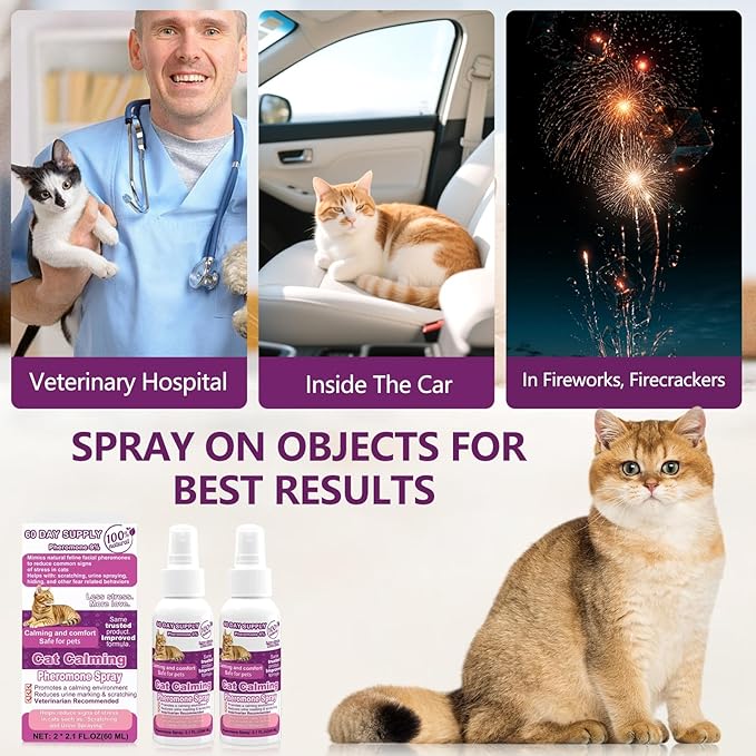 Cat Calming Pheromone Spray, Feline Calm Pheromones Spray- Anti Anxiety Pet Products, Cats Reduces Scratching Furniture Peeing Marking Calming Cat for Travel, Vet Visits - 60 Day Kit (2 * 60 mL)