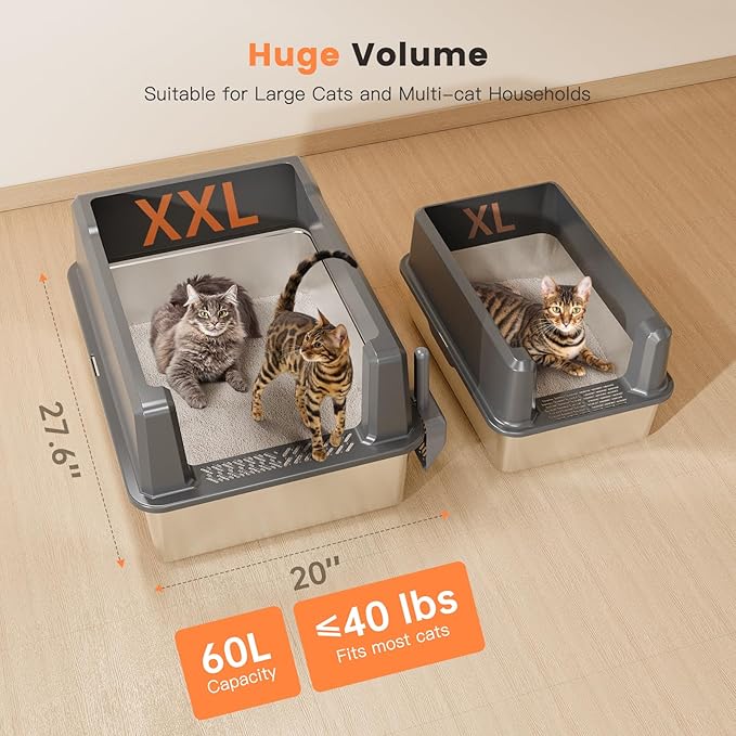 XXL Stainless Steel Cat Litter Box with High Sided, 27.6" L x 20" W x 14" H Extra Large Litter Box for Big Cats and Multiple Cats, Enclosure Cat Litter Pan with Anti-Urine Leakage, Easy Clean