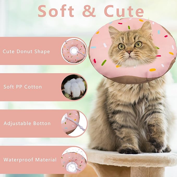 Cat Cone Collar Soft, Adjustable Cat Recovery Collar Kitten Cones to Stop Licking, Cute Donut E Collar After Surgery, Cats Neck Pillow Cone Elizabethan Cones of Shame (Waterproof Pink, Medium)