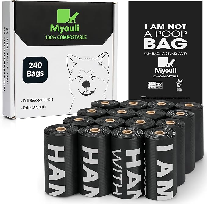 Certified Compostable Poop Bags for Dogs, 240 Poop Bags (16 Rolls),Landfill Friendly, Leak Proof Unscented Easy Open Poop Waste Bag（Black）
