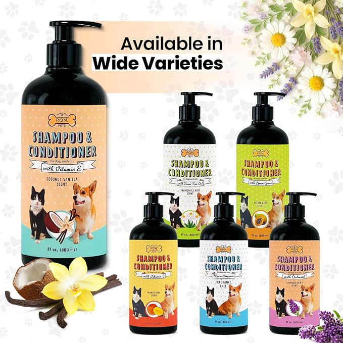 POM Pets 2-in-1 Organic Dog Shampoo & Conditioner – Itchy Skin Relief, Dog Deshedding, Detangles Fur, Cat Shampoo, Paw Cleaner for Dogs, Natural Coat Defense Formula