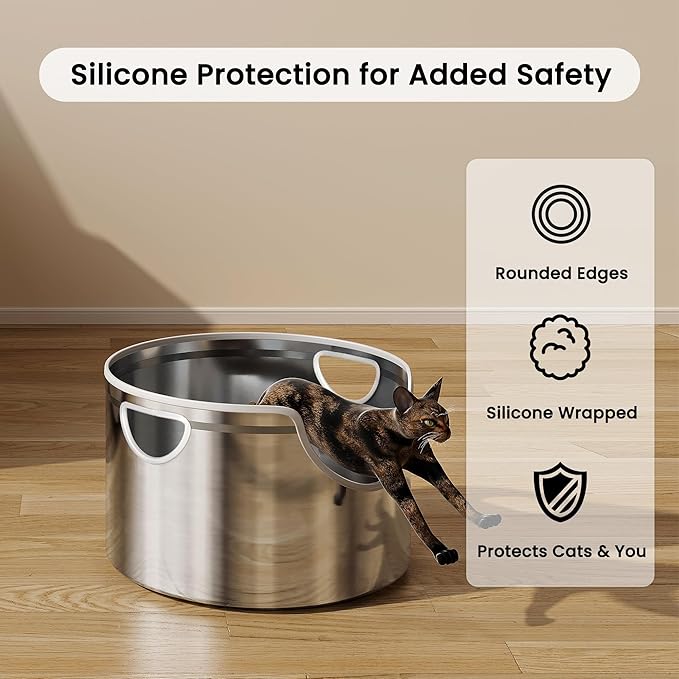 Stainless Steel Litter Box Metal with Integrated Round for XL/XXL Big and Multi Cats, 12" High Wall High Side, Odor Control, Easy to Clean, Durable, Includes Stainless Steel Scoop