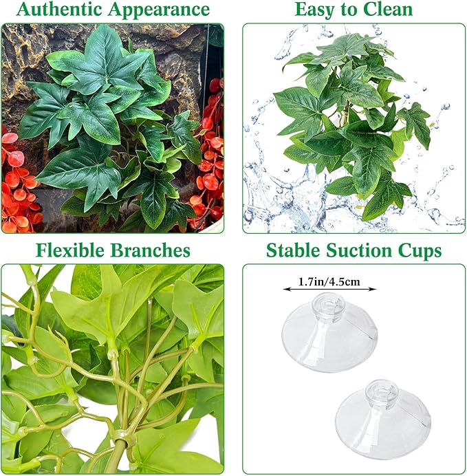 VCEPJH Reptile Plants with Suction Cup Amphibian Habitat Decor 2 Pcs Artificial Leaves for Terrarium Decor Crested Gecko Tank Accessories for Bearded Dragon, Lizard, Snake (Maple Leaves)