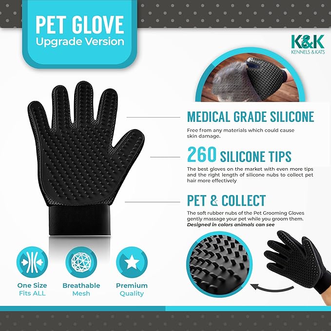 KENNELS & KATS Pet Grooming Gloves | Deshedding Glove for Easy, Mess-Free Grooming | Grooming Mitt for Dogs, Cats, Rabbits & Horses with Long/Short/Curly Hair | Pet Hair Gloves for Pet Hair Removal
