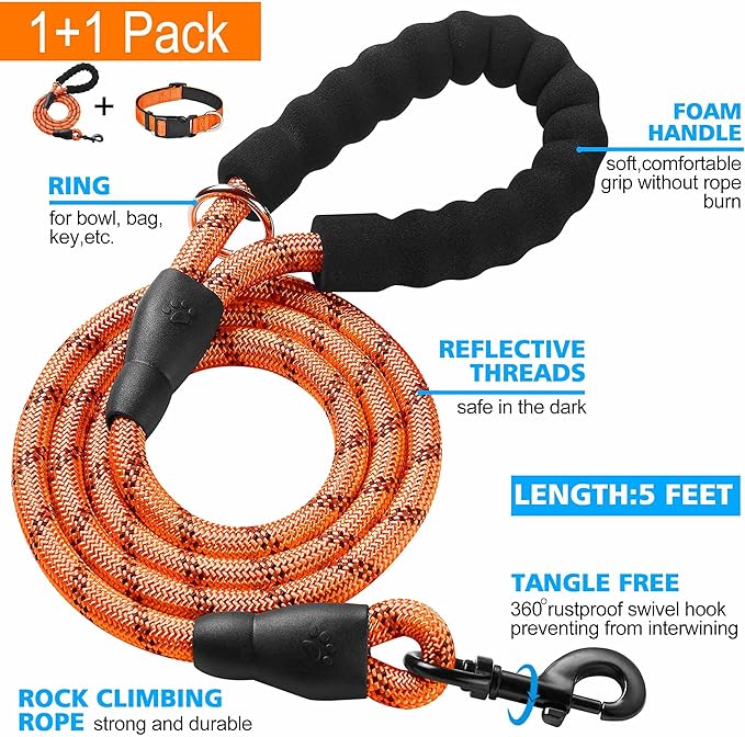 Reflective Dog Collar Padded with Soft Neoprene Breathable Adjustable Nylon Dog Collars for Small Medium Large Dogs (Medium (Pack of 1), Orange Collar+Leash)