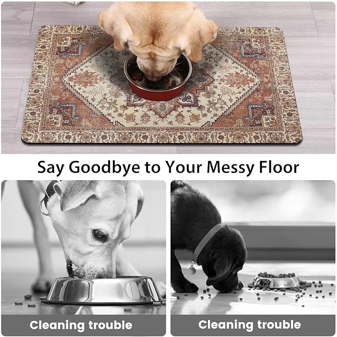 2 Pack Dog Food Mats for Floors, Absorbent and Quick-Drying Pet Cat Food Mat,Anti-Fouling and Easy-to-Clean Pet Feeding Mat,Dog Bowl Mat for Messy Drinking Water Bowls.12 x20+18"x24", Bohemia Style