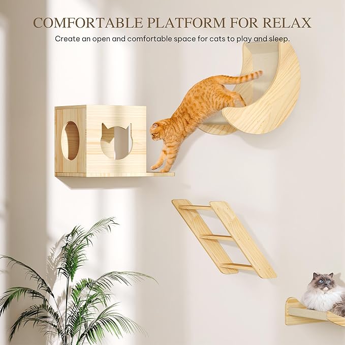 Cat Wall Shelves and Perches, Solid Wood Wall Mounted Cat Furniture, Set of 13 Cat Climbing Shelves with Moon Hammock, House, Wall Ladder, Scratching Post and Cat Tunnel