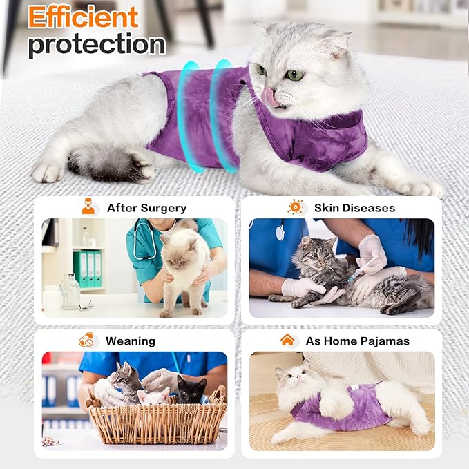 Purrfect Recovery Suit for Cats - Abdominal Wound Protection, Cone Alternative, Purple L