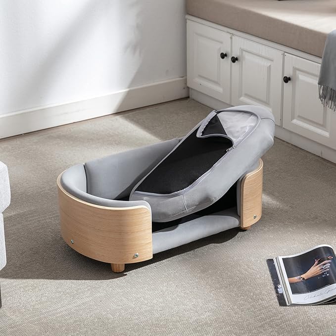 Luxury Dog Bed Pet Sofa - Solid Wood Legs & Bent Wood Back, Removable Washable Velvet Cushion, Modern Pet Furniture for Small/Medium Dogs/Cats (Light Grey)