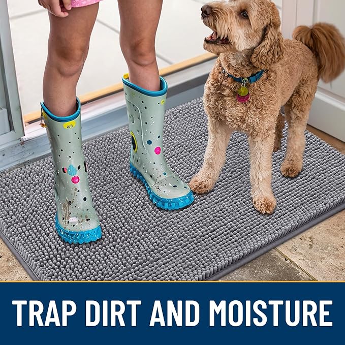 Smiry Dog Door Mat for Muddy Paws 44x32, Absorbs Moisture and Dirt Doormat, Non-Slip Washable Quick Dry Chenille Front Door Mat Indoor Entrance, Entryway Carpet for Inside Floor, Grey