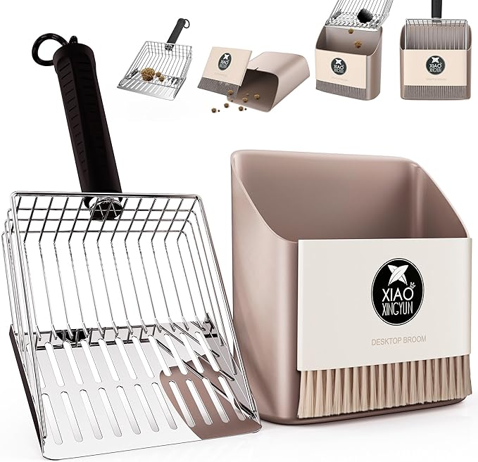 Cat Litter Scooper with Holder, Metal Litter Scoop Includes Portable Small Broom and Dustpan Set, Heavy Duty Stainless Steel Litter Scoop with Coarse and Fine Grid, Quick Sift and Easy Clean