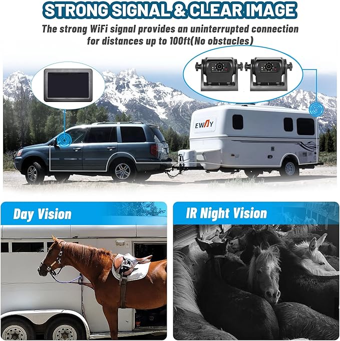 EWAY 2 Magnetic Wireless Backup Cameras HD1080P w/ 5" Split Screen Monitor Portable No Wiring Trailer Hitch IR Night Vision Rear View Camera for Truck Pickup RV Camper 5th Wheel Boat Horse Trailer