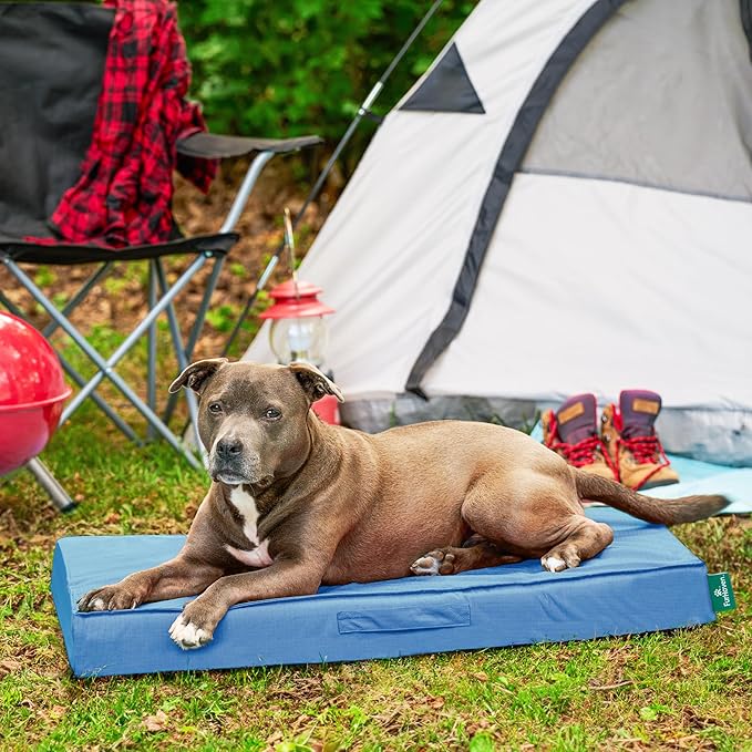 FurHaven Cooling Dog Bed – Large Foam Mattress for Joint Pain Relief, Waterproof Liner, Removable Washable Cover, Durable for Outdoor Use, Deluxe Grid Indoor/Outdoor Bed – Blue, Large