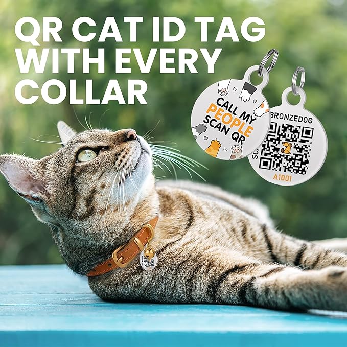 BRONZEDOG Leather Cat Collar with Removable Bells Non Breakaway Kitten QR Tag for Girl Boy (7" - 9" for Cats, Red & Gold)