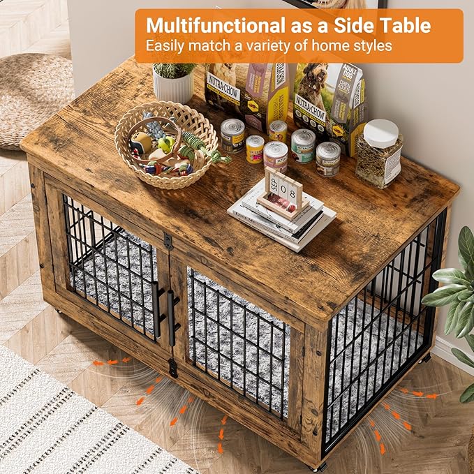 Lulive Dog Crate Furniture, Dog Kennel Indoor Double Doors Wooden Dog Cage, 38'' Heavy Duty Dog Crate with Cushion & Wheels, Decorative End Table Pet House Chew-Resistant for Large/Medium, Brown