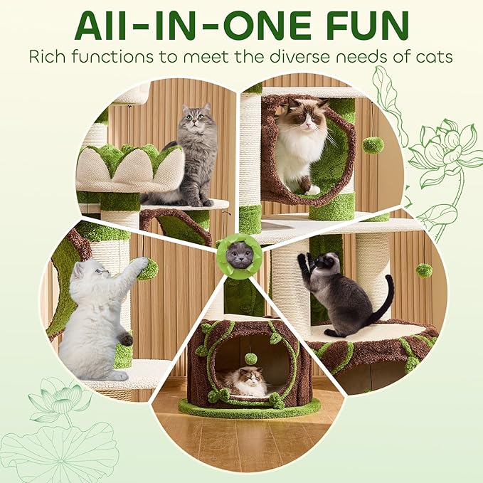 73‘’ Tall Flower Cat Tree for Indoor Cats Large Adult, Luxury Cat Tower with Scratching Post, Heavy Duty Modern Cat Furniture for Large Cats, Removable Mats, Multi-Level Cat House with Toy Ball