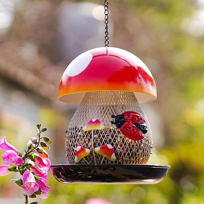 Mushroom & Ladybug Metal Bird Feeder - 16" Hanging Wild Bird Feeder with Decorative Accents, Large Capacity Outdoor Birdfeeder for Cardinals and Songbirds, Perfect Garden Gift