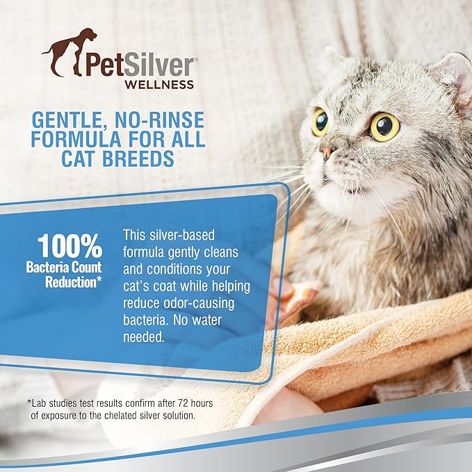 PetSilver Waterless Cat Shampoo - No Rinse Bath & Dry Shampoo for Cats - Long-Haired & Sensitive Skin - Cleans, Conditions & Moisturizes - Hypoallergenic & Fragrance-Free - Patented Formula - 5 fl oz