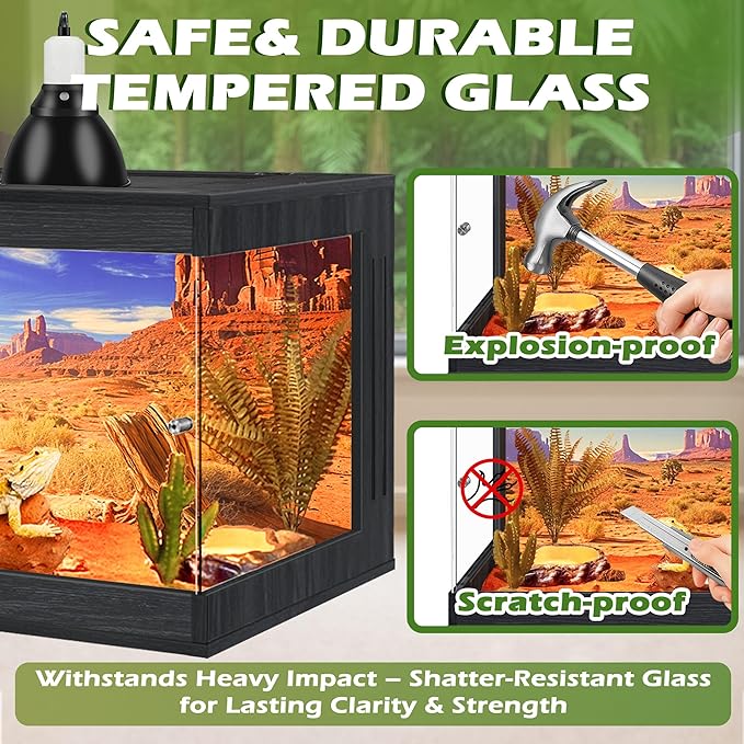 Royxen Bearded Dragon Tank, Tempered Glass Reptile Terrarium with Metal Mesh Top, 3-Side Clear Anti-Scratch Glass Lizard Tank for Reptile Habitat (Black, 34 Gallons,32" Length)