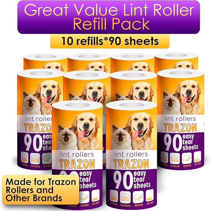 Lint Roller Refills 10 Pack of 900 Sheets / 10 Refills Rollers Only, Extra Sticky Roller for Pet Hair, Lint Remover Dog Hair Cat, Fuzz, Animal Fur, Stick Lint Removal Roller Clothes