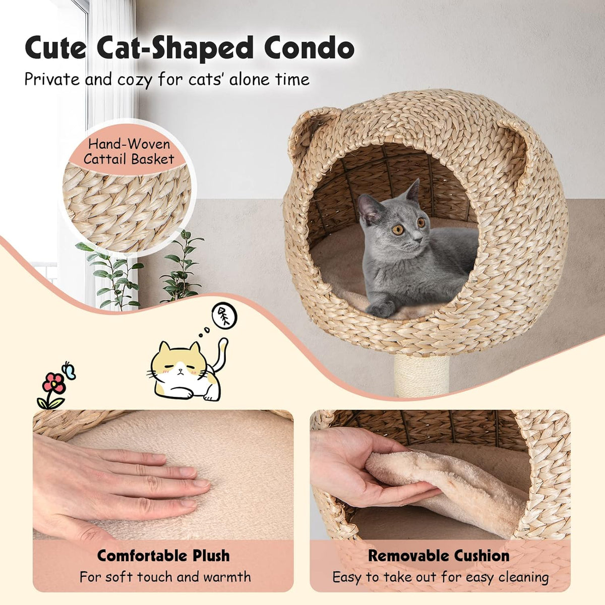 PETSITE Woven Cat Tree, Modern Cat Tower with Hammock & Scratching Posts, Cattail Condo & Top Perch, Cat Activity Tree for Indoor Cats