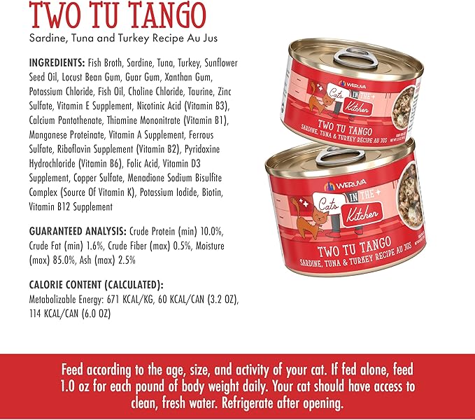 Weruva Cats in The Kitchen, Two Tu Tango with Sardine, Tuna & Turkey Au Jus Cat Food, 6oz Can (Pack of 24)