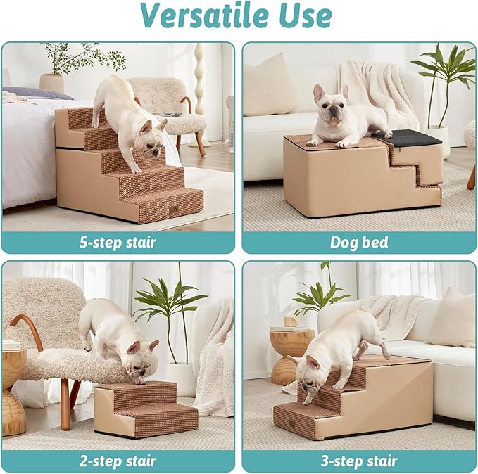 Dog Stairs with Detachable Zipper, 19.7" Extra Wide Right-Angle Pet Stairs for Bed, Anti-Slip Dog Steps for Lowrider and Elderly Cats with Support Board, 19.7x29.5x23.6 inch, Light Brown