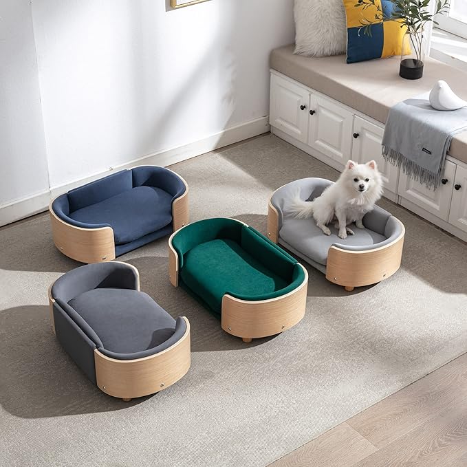 Luxury Dog Bed Pet Sofa - Solid Wood Legs & Bent Wood Back, Removable Washable Velvet Cushion, Modern Pet Furniture for Small/Medium Dogs/Cats (Light Grey)