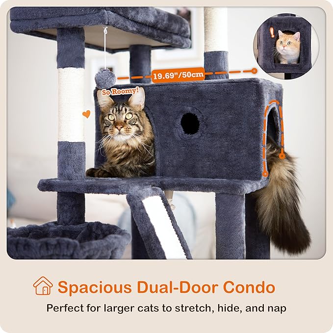 Ouritsu Cat Tree, 61 inch Tall Cat Tower for Large Cat Indoor, Enlarged Condo, 2 Padded Perches with 1 Widened, Large Hammock, Scratching Post and ramp, Fluffy Basket, Dark Gray, LF002DG